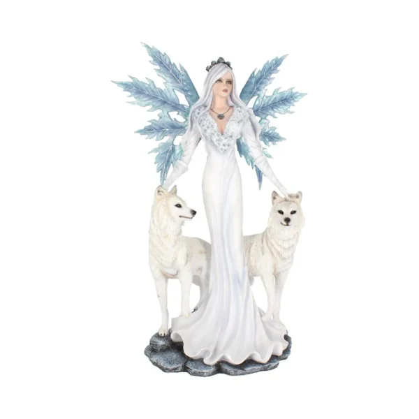 Ice Queen Figurine Resin Statue White With Crystal Wings And Wolves An ice queen figurine with crystal wings standing between two white wolves on a snowy base.