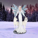 Ethereal winter goddess with crystal wings standing beside two white wolves in a snowy forest.