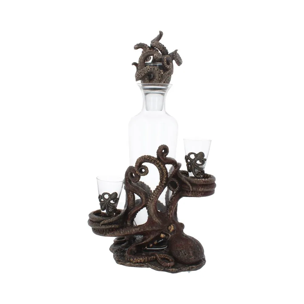 Decorative octopus-shaped bottle holder with glass decanter and two shot glasses in bronze finish