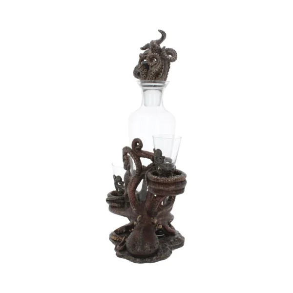 Octopus Glass Decanter Set Bronze Sculpture Nautical Theme Octopus-shaped bronze glass decanter set holding clear bottle and two shot glasses on ocean-themed base.