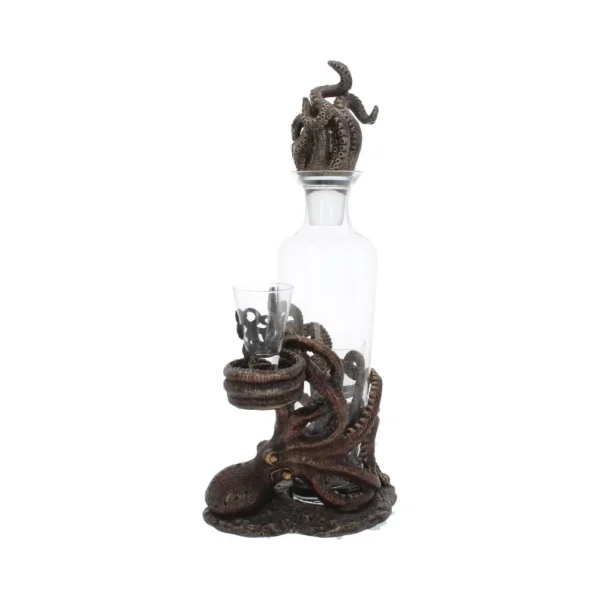 Octopus Glass Decanter Set Bronze Base - Nautical Design A clear glass octopus decanter with bronze tentacle base and matching stopper.