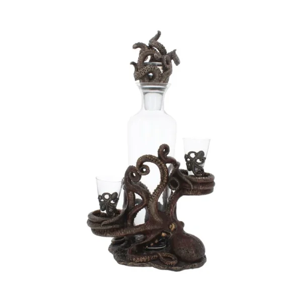Octopus Glass Decanter Set Bronze Base - Tentacle Stopper Glass decanter set with bronze octopus base and tentacle stopper holding two shot glasses.