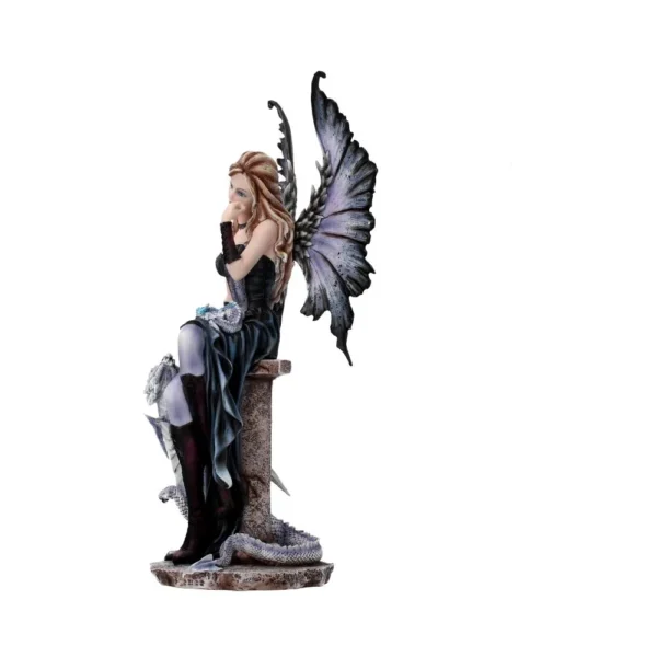A gothic fairy figurine in a dark gown sitting with a small lavender dragon on a pedestal.