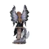 A lavender-winged fairy figurine with a silver-blue dragon on a stone pedestal.