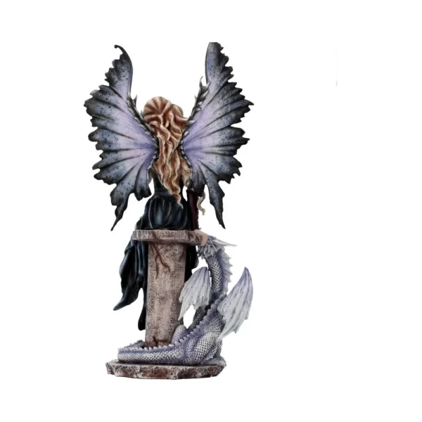A lavender-winged fairy figurine with a silver-blue dragon on a stone pedestal.
