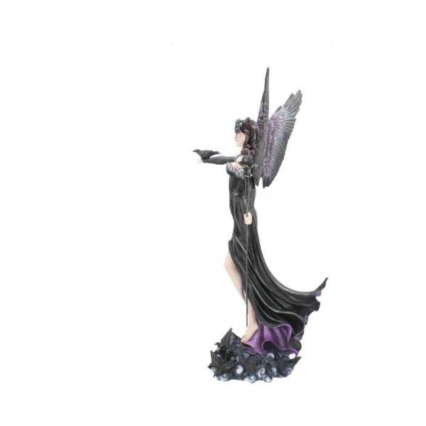 A detailed dark angel figurine with black and purple wings holding a small black bird.
