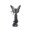 Dark Angel Figurine Resin Statue Black Gown With Purple Wings Dark-winged angel figurine with black gown, purple accents, and ornate staff on misty base.