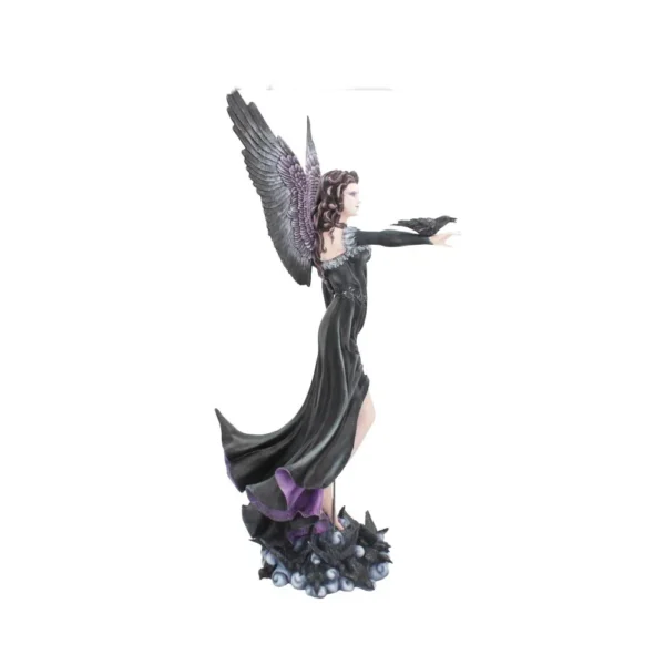 Dark Angel Figurine Resin Statue Black Wings With Raven A dark angel figurine with black wings and raven, standing on a misty gothic base.
