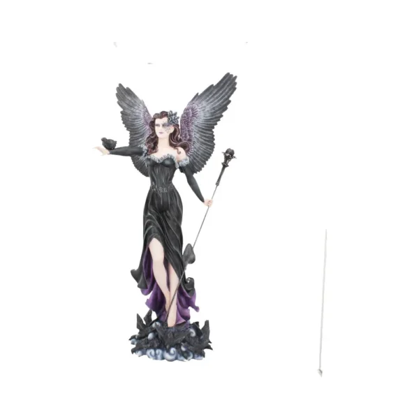 Dark Angel Fantasy Figurine Resin Statue - Black Wings & Staff Dark angel fantasy figurine with black wings, purple gown, and staff on gothic cloud base