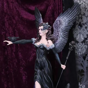 Gothic Angel Figurine Resin Statue Black Gown With Silver Wings Gothic angel figurine with black gown, silver wings, and raven perched on her arm.
