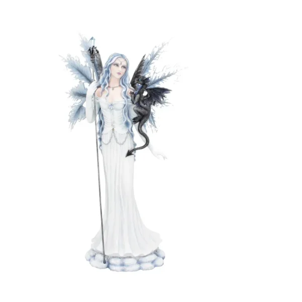 Ice Fairy Resin Figurine White With Black Dragon Companion A white-haired ice fairy with crystal wings holding a staff and a small black dragon.