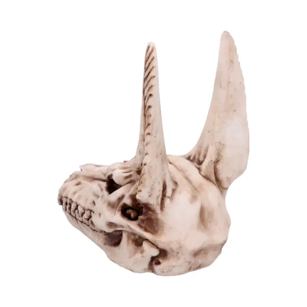 Demonic Hybrid Skull Sculpture Resin Bone - Long Horn Design A pale sculpted skull with long pointed horns blending human and animal bone features.