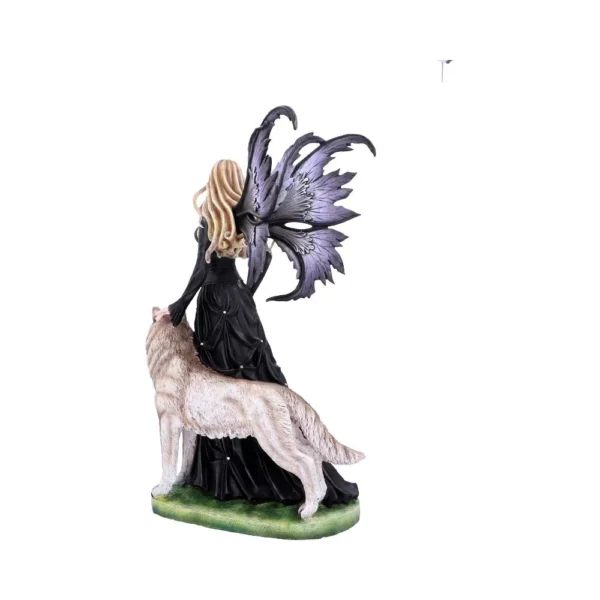 Fairy Figurine Resin Sculpture Black Dress With White Wolf A fairy figurine with dark wings stands beside a white wolf on a grassy base.