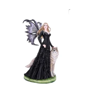 Gothic Fairy and Wolf Figurine Resin Statue - Black Wings A gothic fairy with black wings stands beside a beige wolf on a grassy base figurine.