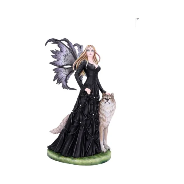 Gothic Fairy and Wolf Figurine Resin Statue - Black Wings A gothic fairy with black wings stands beside a beige wolf on a grassy base figurine.