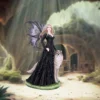 Fairy Woman Canvas Art Black Gown With Gray Wolf Companion A blonde fairy with dark wings stands beside a gray wolf in a glowing enchanted forest.