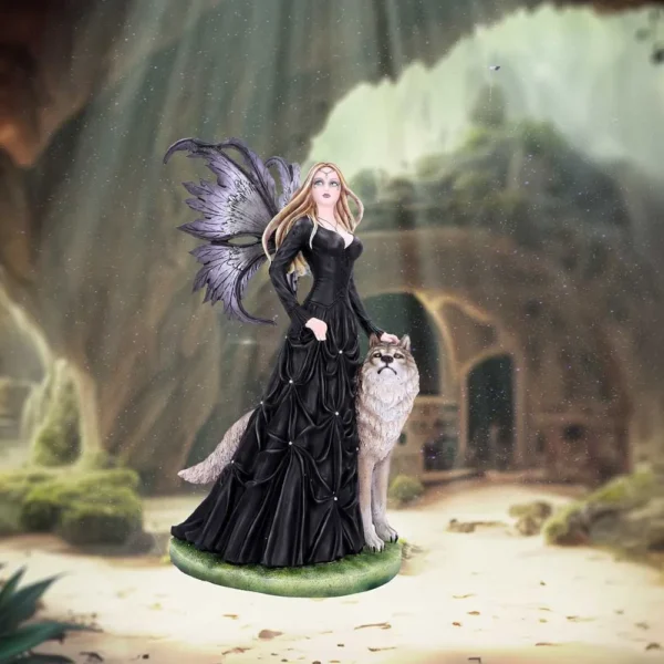 Fairy Woman Canvas Art Black Gown With Gray Wolf Companion A blonde fairy with dark wings stands beside a gray wolf in a glowing enchanted forest.