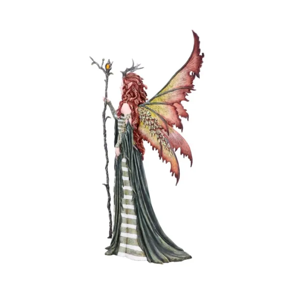 Forest Fairy Figurine Resin Sculpture Green Dress With Wings A detailed fairy figurine with antler crown, butterfly wings, and a branch staff with a bird.