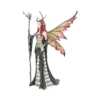 Fairy Figurine Resin Statue Green Gown With Orange Wings A detailed fairy figurine with orange butterfly wings holding a vine staff topped with a glowing orb.