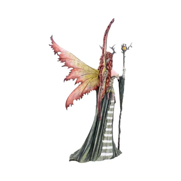 Fairy Figurine Resin Statue Green Gown With Amber Wings Winged fairy figurine in green gown holding ornate staff with glowing orb, viewed from behind.