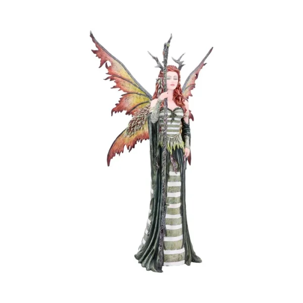 Forest Fairy Sculpture Resin Figurine Green Gown Fiery Wings A detailed forest fairy sculpture with fiery wings, green gown, and a twisted wooden staff.