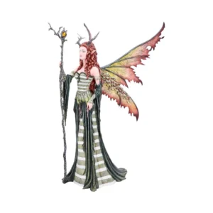 Fairy Figurine Resin Statue Green Gown With Orange Wings A detailed fairy figurine with orange butterfly wings holding a vine staff topped with a glowing orb.