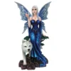 Fairy And White Wolf Fantasy Figurine - Blue Wings Magic Orb A detailed fairy and white wolf fantasy figurine with blue wings and a magical orb.