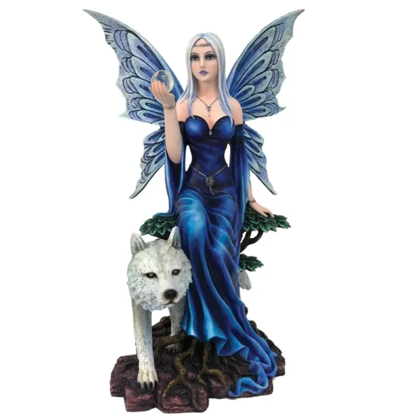 Fairy And White Wolf Fantasy Figurine - Blue Wings Magic Orb A detailed fairy and white wolf fantasy figurine with blue wings and a magical orb.