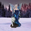 Winter Fairy Art Print Blue Shimmer Wings With White Wolf A silver-haired winter fairy with icy blue wings sits beside a white wolf in a snowy forest.