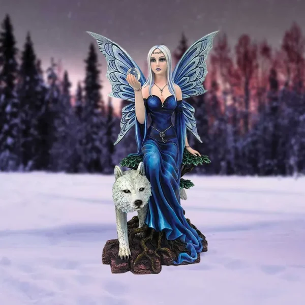Fairy Queen Canvas Art Blue Wings With White Wolf Guardian A silver-haired fairy queen with blue wings sits beside a white wolf in a snowy forest.