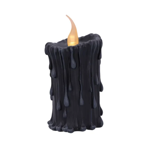 A black gothic candle with melted wax drips and a glowing artificial flame.