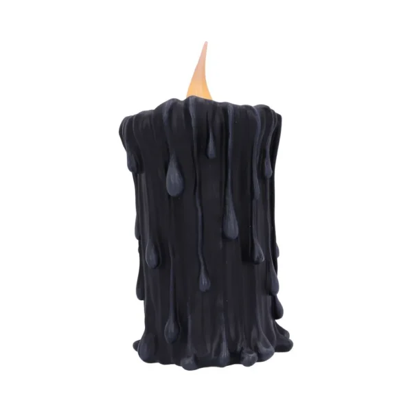 A black candle with melting wax and an orange flame against a white background.