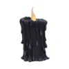 Gothic Candle Black Wax Decor - Dripping Design With Flame A black melted candle with a glowing orange flame on a dark background.