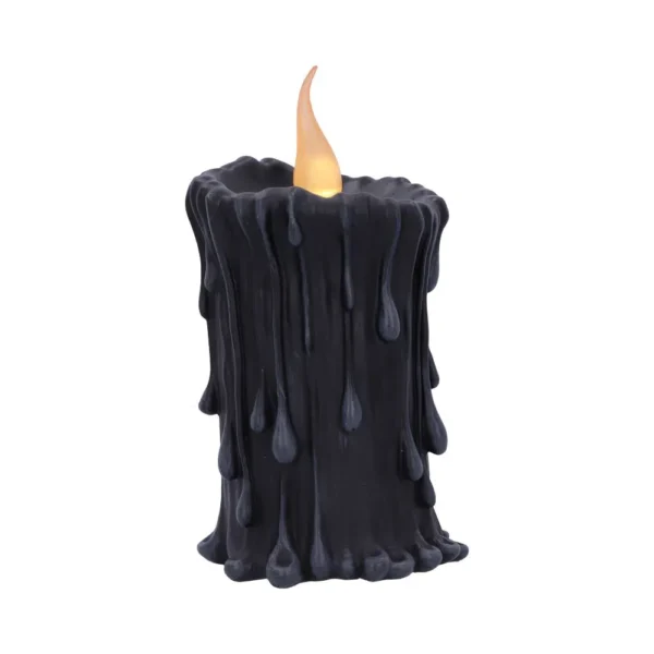 Gothic Candle Black Wax Decor - Dripping Design With Flame A black melted candle with a glowing orange flame on a dark background.
