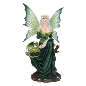 Fairy Figurine Resin Sculpture Green Gown With Dragon Companion A silver-haired fairy figurine in a green gown holding a quill with a small green dragon.