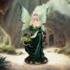 A silver-haired fairy with emerald wings sitting beside a small green dragon in a glowing cave.