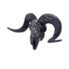 Gothic Ram Skull Sculpture Black Resin - Angel Warrior Relief A gothic ram skull with spiraling horns and a metallic angel warrior relief on the forehead.