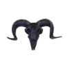 Ram Skull Wall Decor Sculpture Metal Mount - Matte Black Finish Black decorative ram skull with curled horns and gothic wall-mount design.