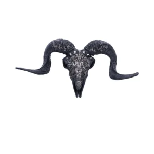 Ram Skull Sculpture Metal Artwork Black - Ornate Silver Horns A black ram skull sculpture with ornate silver engravings and large curling horns.