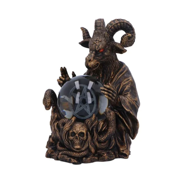 A bronze goat-headed occult statue holding a glowing crystal ball with a pentagram inside.