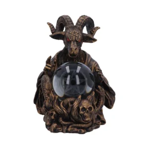 Baphomet Goat Statue Bronze Finish - Crystal Orb Occult Design A bronze goat-headed Baphomet statue holding a glowing crystal orb with occult symbols.