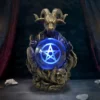Demonic Goat Statue Bronze Sculpture - Blue Glowing Crystal Orb Dark goat statue holding glowing blue crystal orb with pentagram and skull-carved base.