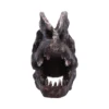 Tyrannosaurus Rex Skull Fossil Replica Dark Brown - Sharp Teeth Front view of a dark brown Tyrannosaurus rex skull showing sharp teeth and hollow eye sockets.