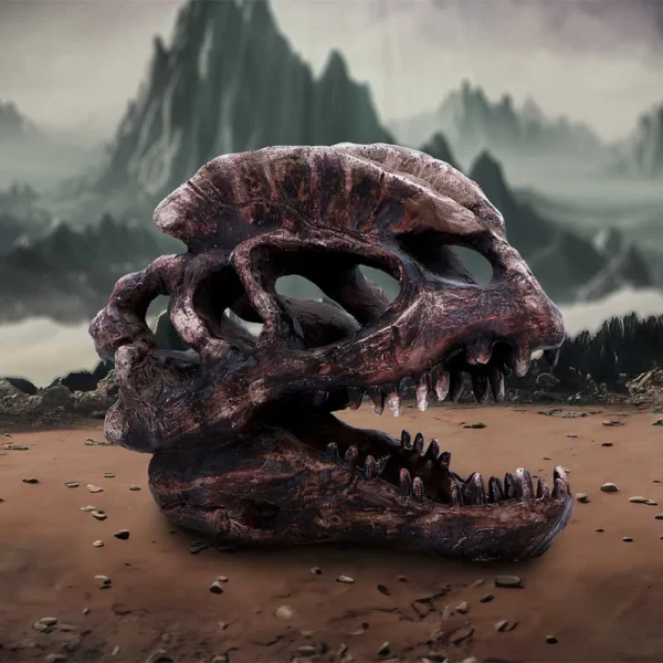 Ancient Dragon Skull Fossil Sculpture - Weathered Brown Relic A massive weathered dragon-like skull resting on barren rocky ground beneath misty mountains.