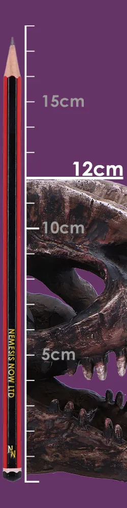 Fantasy Skull Sculpture Resin Brown - 12cm Scale Comparison A small fantasy skull sculpture beside a black and red pencil with centimeter height scale.