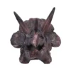 Triceratops Skull Model Resin Sculpture Brown Fossil Texture Front view of a realistic brown triceratops skull model with three horns and textured frill.