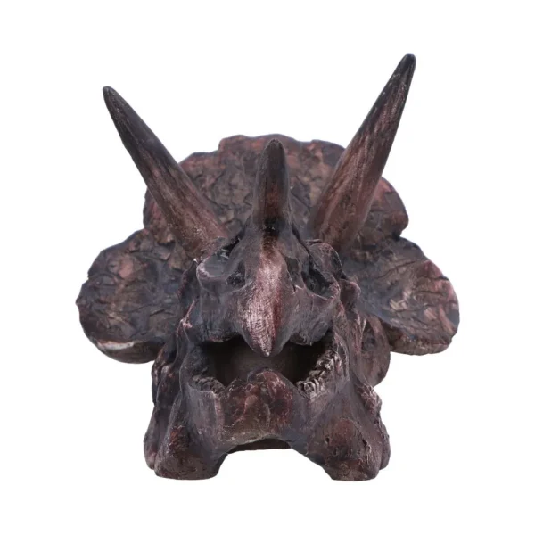 Triceratops Skull Model Resin Sculpture Brown Fossil Texture Front view of a realistic brown triceratops skull model with three horns and textured frill.