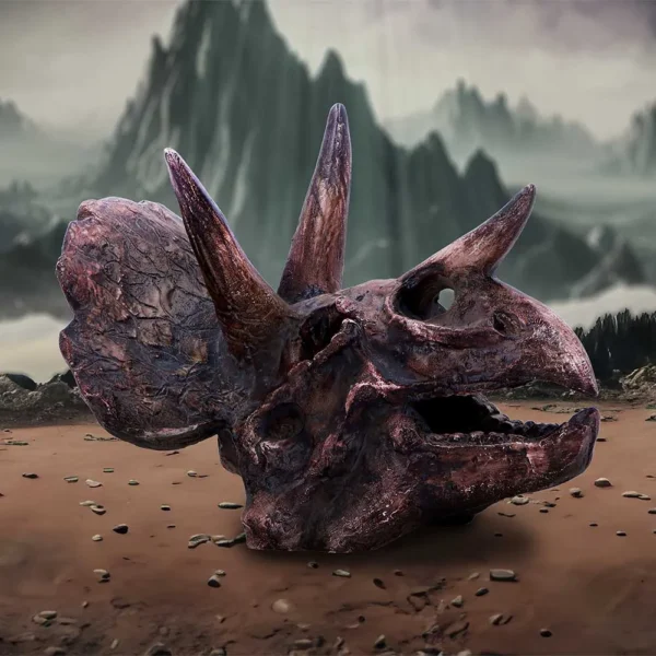 Triceratops Skull Fossil Sculpture - Reddish Brown Ancient Relic A weathered triceratops skull on reddish earth beneath misty mountains and an overcast sky.