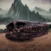 Ancient Fossilized Reptile Skull Sculpture - Brown Stone Texture A large fossilized reptile skull resting on cracked rocky ground beneath misty mountains.