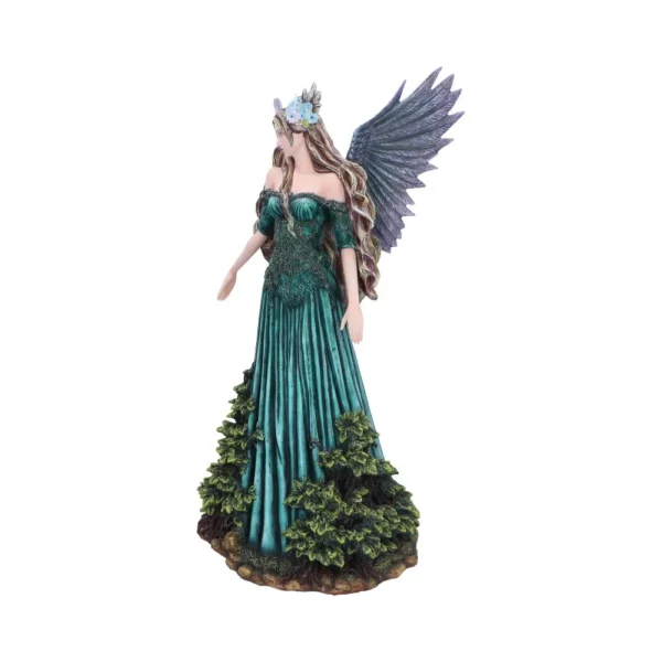 Green Fairy Figurine Resin Sculpture - Purple Blue Wings A detailed figurine of a green fairy with purple-blue wings and a floral crown.